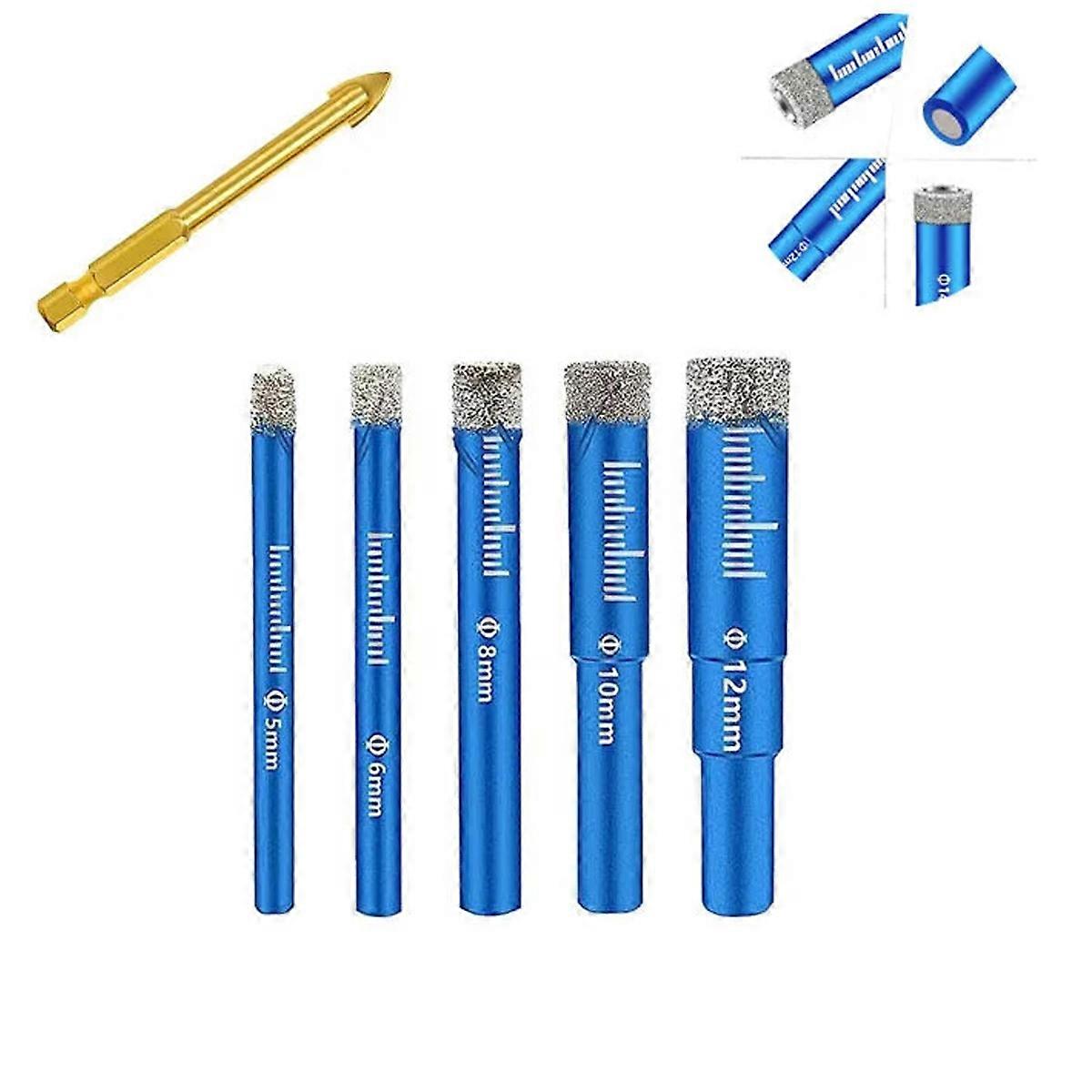 Tile drill bits, 5-piece hexagonal shank diamond tile drill bits, 5/6/8/10/12mm Gres porcelain drill bits