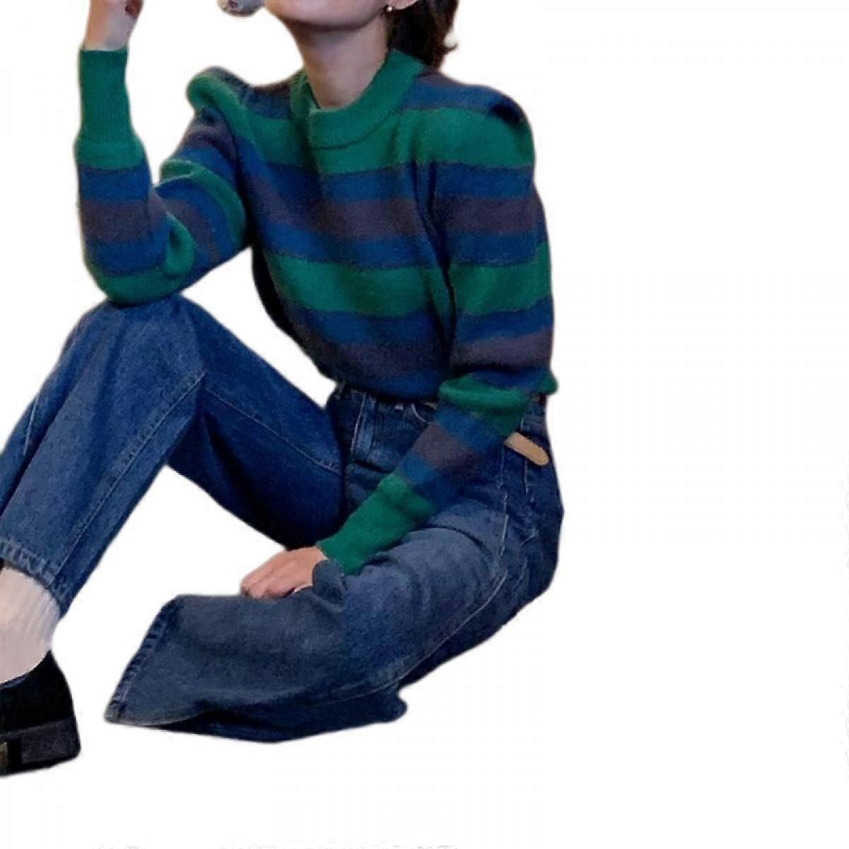 Women's Striped Round Neck Sweater Long Sleeve Pullover Tops