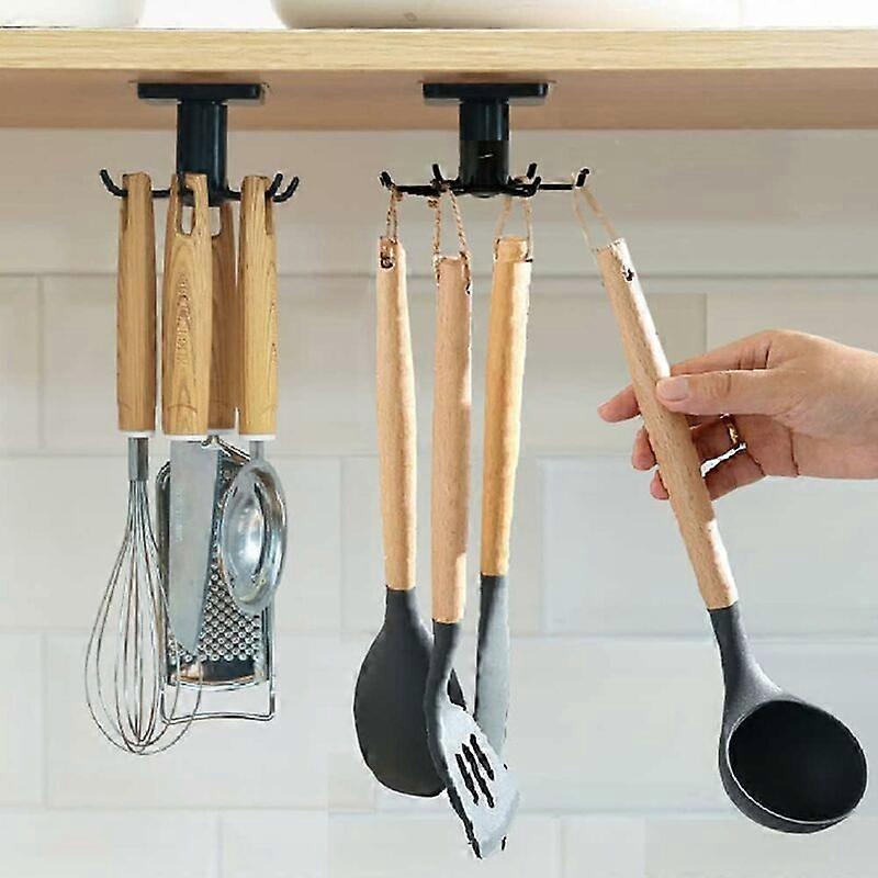 360° Rotatable Kitchen Utensil Rack Set of 2 with 6 Hooks No Drilling Storage Organizer