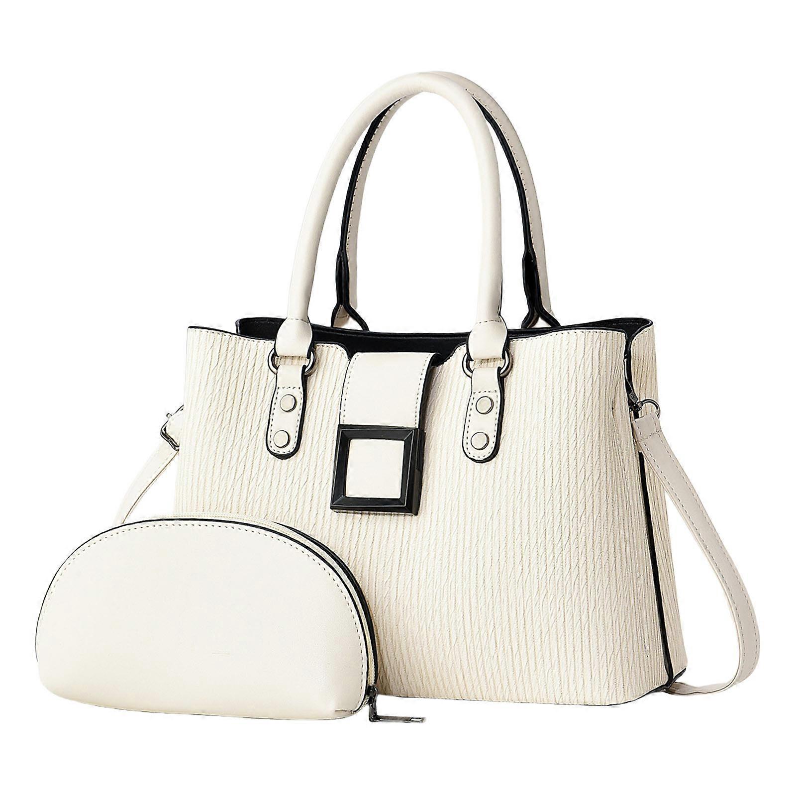 Retro Women's 2pcs Shoulder Bag and Handbag Set PU Leather Top Handle Satchel with Adjustable Crossbody Strap Beige