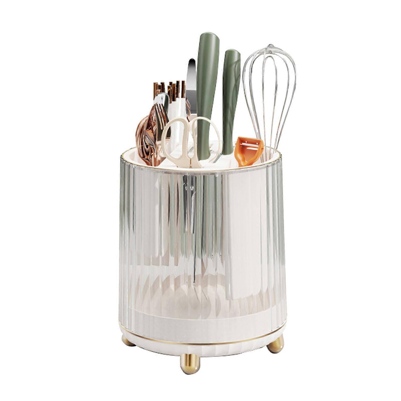 Rotating Knife Block Utensil Holder Rotating Knife Block Holder with Scissors Slot Multifunctional Countertop Utensil Organizer White