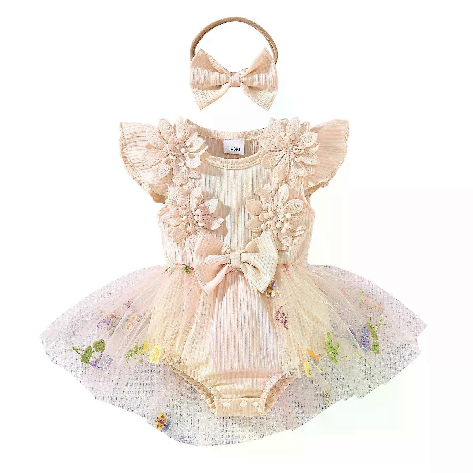Bébé filles barboteuse d’été robe mouche manches fleur broderie maille tulle tutu robes avec bandeau bébé anniversaire vêtements de fête