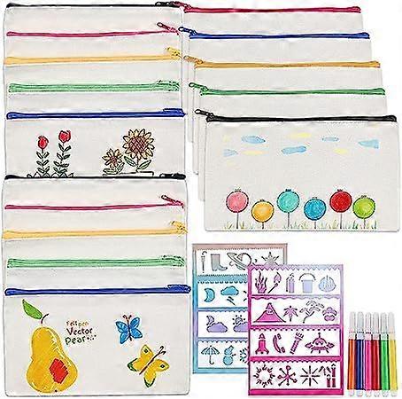 15 DIY-kangaspenaalia, tyhjät lasten penaalit, 6 värikynää ja 8 kappaletta maalausmuottia matkameikkipusseihin, penaali