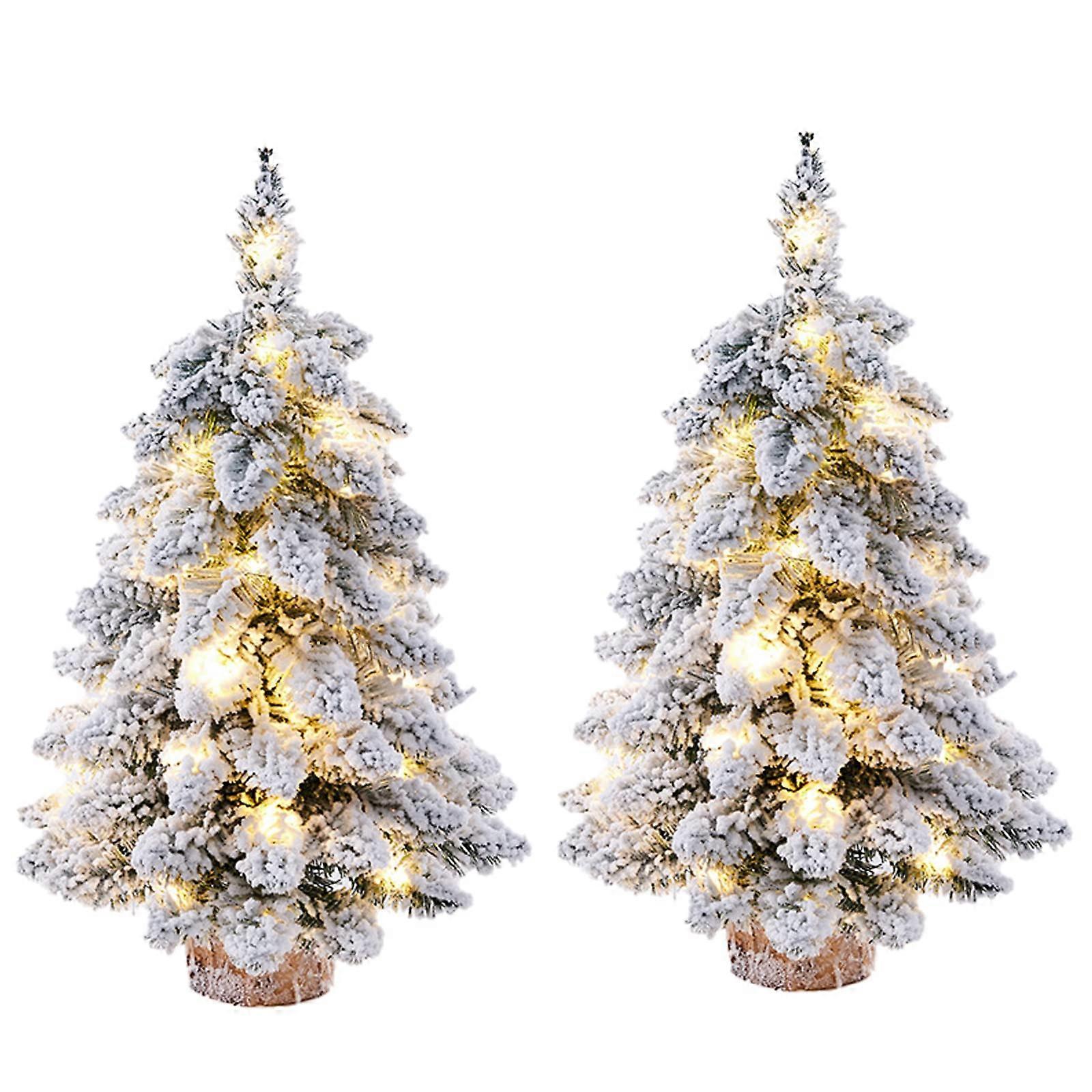 Prelit Tabletop Christmas Tree 18 Inch Snow Flocked Mini White Artificial Tree with Lights and Wood Base 2 Pack
