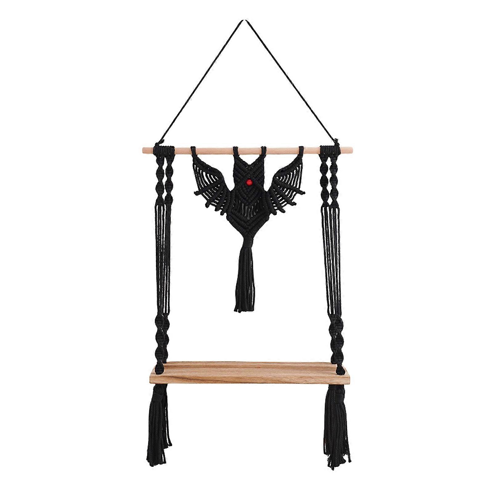 Handwoven Bat Macrames Tapestry Wall Hanging Shelf for Home Decors Halloween Cotton Rope Floating Storage Rack Shelves
