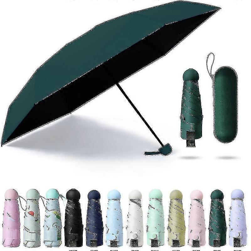Compact UV Sun Umbrella - 6-Bone Foldable with Storage Box - Dark Green