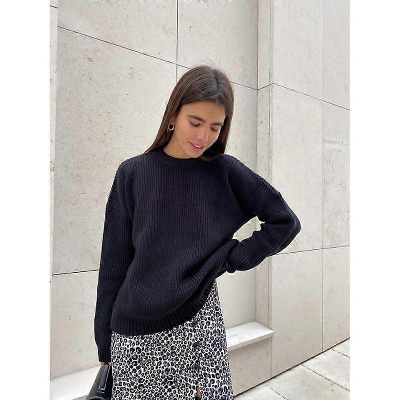 Herbst und Winter Damen Pullover Strickpullover Rundhalsausschnitt Lockerer einfarbiger Langarmpullover