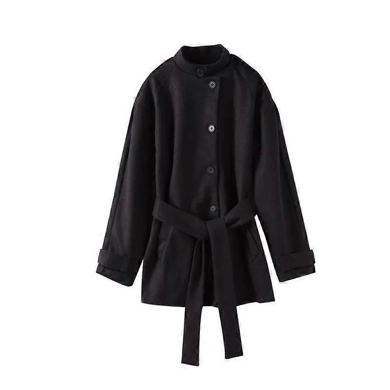 Women's Winter Warm Vintage Lace Up Woolen Coat Fashion Solid Color Single Breasted Overcoat Retro Stand Collar Jackets