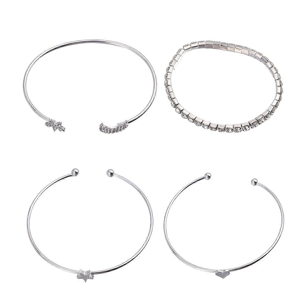 レイヤードバングルブレスレットセットマルチレイヤースタームーンデザインシルバーアジャスタブルハート女性男性デイリーウェア4個