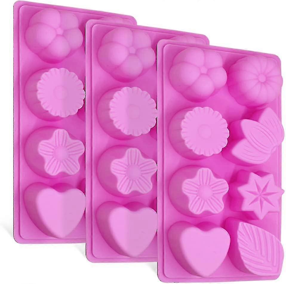 フローラルリーフシリコンモールド、キッチンベーキングデコレーション用ファイングッド8キャビティケーキチョコレートプディングゼリーソープマフィントレイ(3個-ピンク)--
