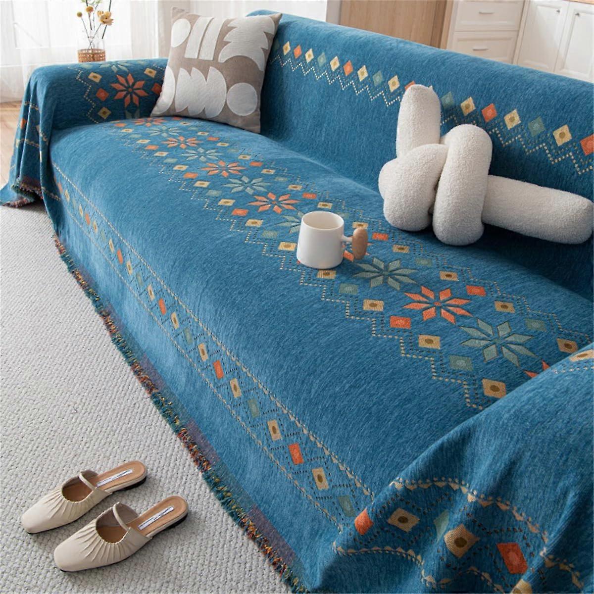 Couch cover 2/3/4 seater, Bohemian geometric lines sofa cover, chenille throw (Blue)