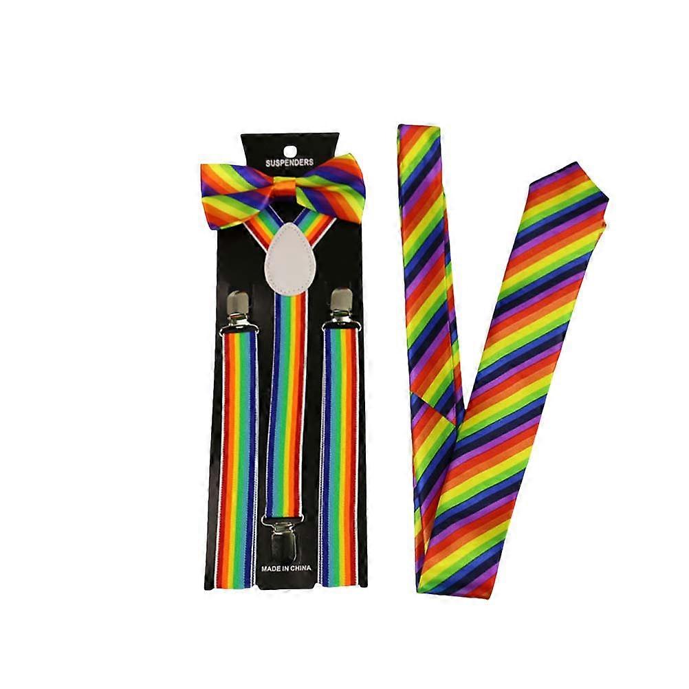 Suspenders And Bow Tie Set Colorful Party Costume Fashion Stripe Holds Pants Up Securely Comfortable To Wear 3Pcs