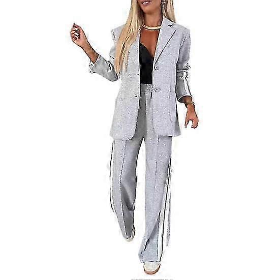 طقم معطف وبنطلون رسمي من قطعتين للنساء - سترة فضفاضة مخططة مع ياقة مطوية وأكمام طويلة ، بنطلون واسع الساق للتواصل غير الرسمي