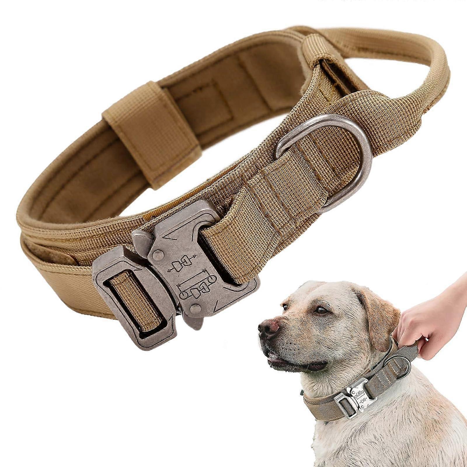 Tactical Dog Collar Adjustable With Control Handle, Padded Nylon Collar, Size L Khaki, Training Hunting