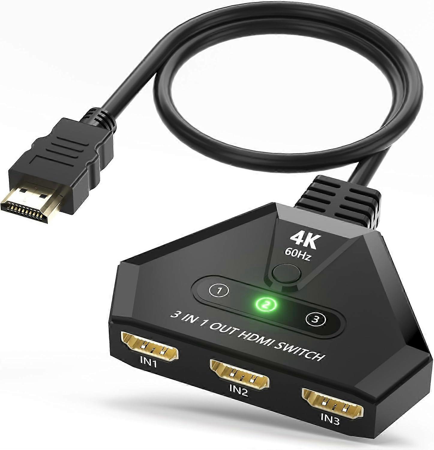 HDMI Switch 3 in 1 Out, 4K@60Hz, Gold Plated, Plug Play, 1080P 3D, Compatible with Roku TV Stick PS4/PS5 Xbox