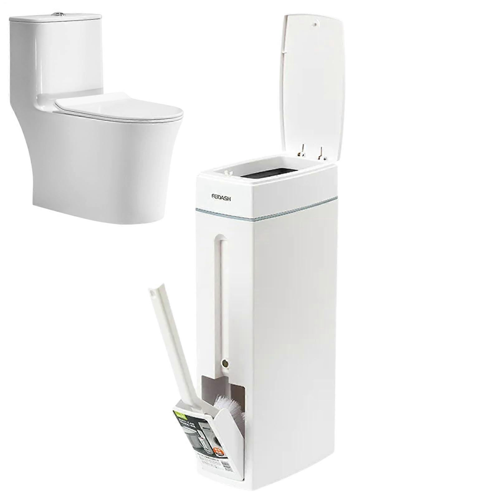 Bathroom Bin With Lid Slim Trash Can With Toilet Brush Holder Narrow Press-Opening Toilet Bin Rectangular Kitchen Trash Can Small Spaces