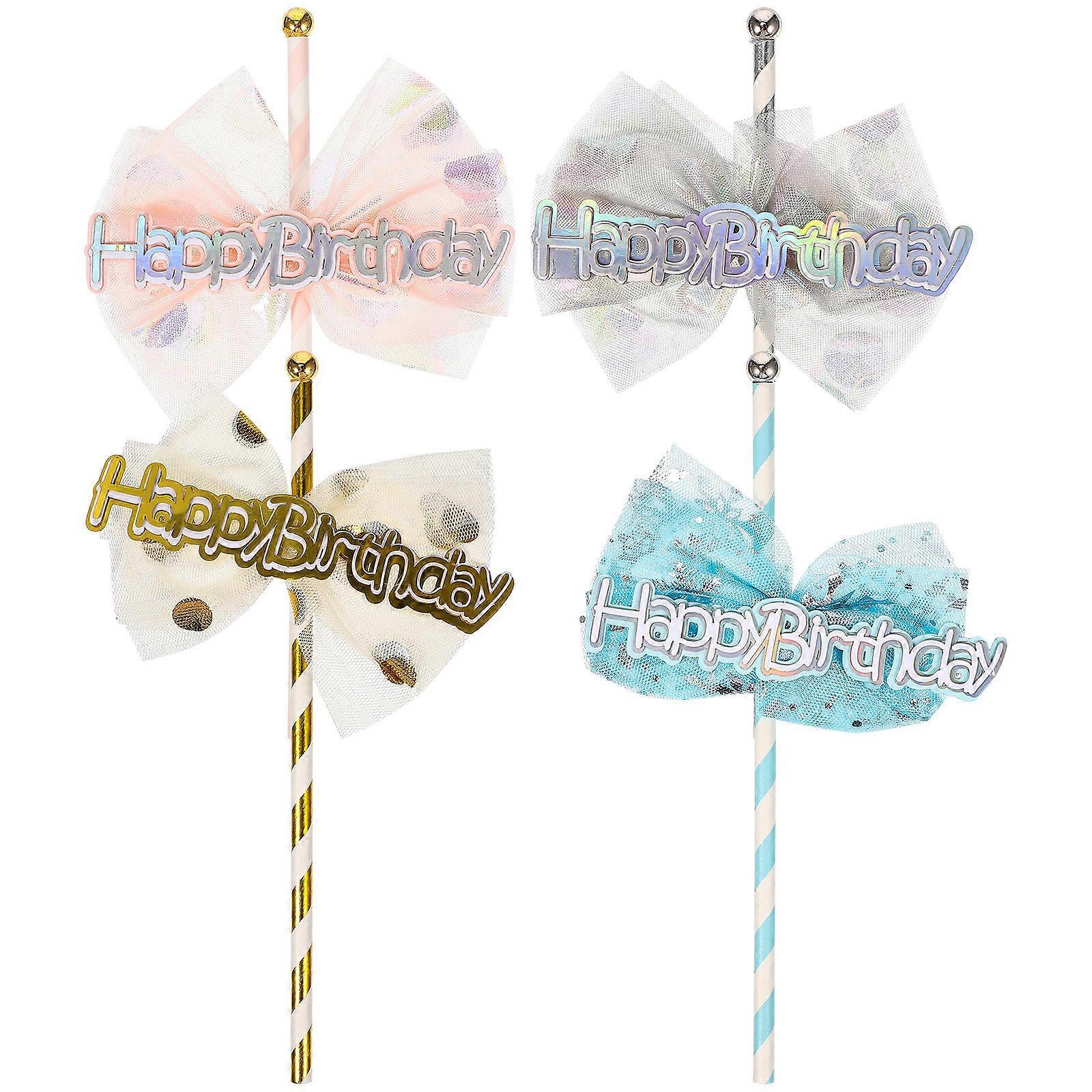 Bow Cake Insert for Birthday Cakes Dessert Assorted Color Paper Mesh Decoration 4Pcs