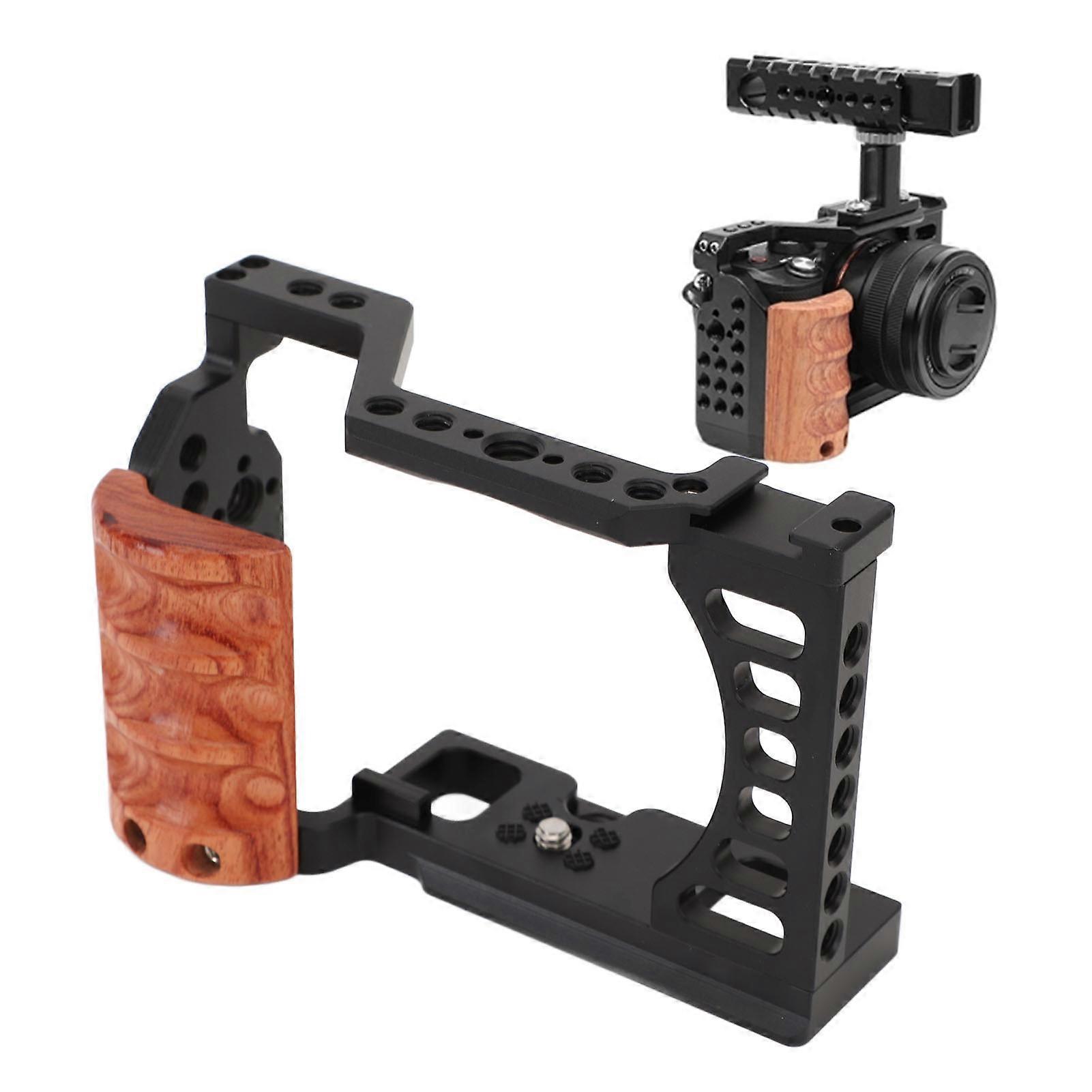 Camera Cage with Wooden Handle for Alpha A7C ILCE 7C, 266g Aluminum Alloy Rig