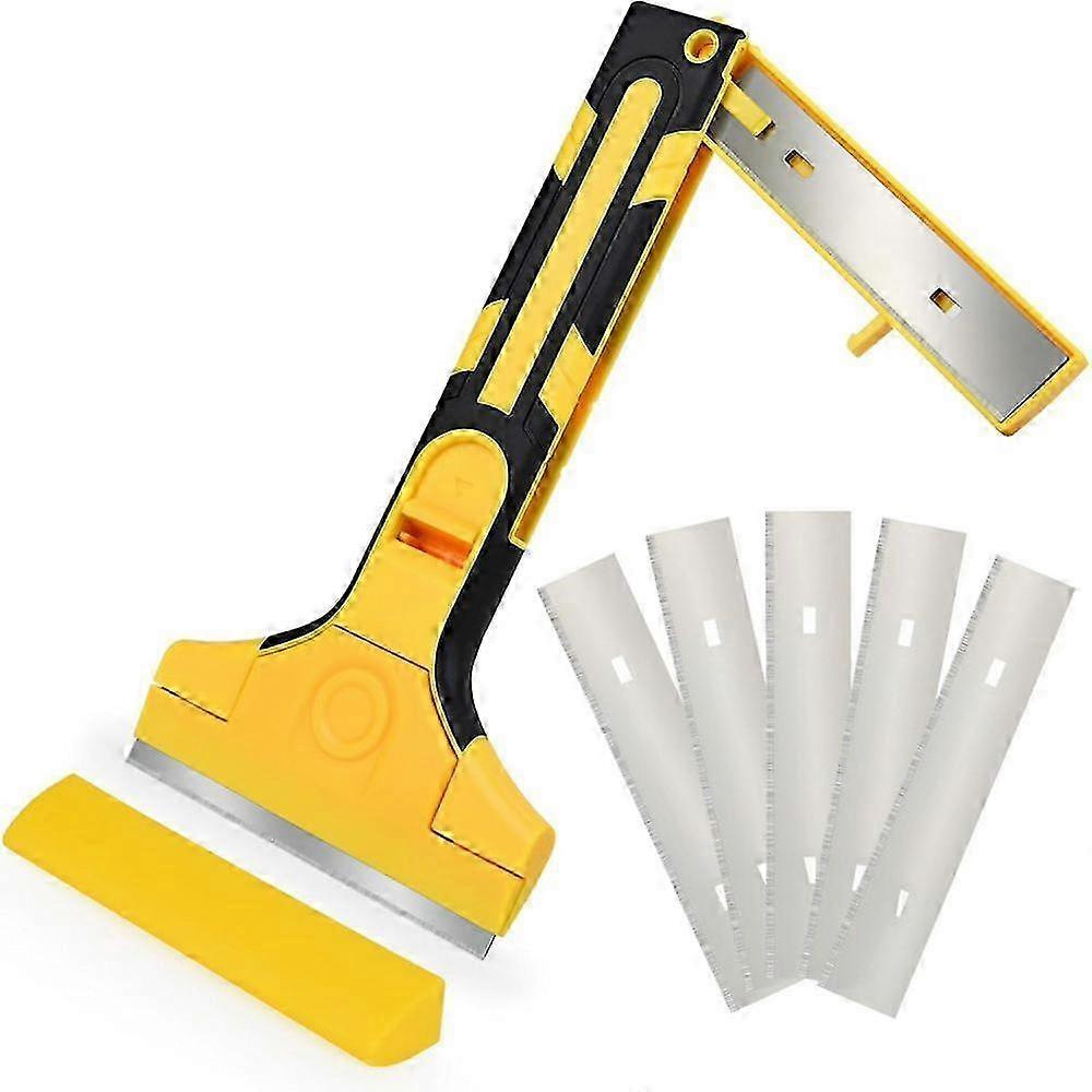 2025 Window Scraper with 5 Blades, Paint Scraper with Storage Blades, 100mm Carbon Steel Blades, for Tiles, Wallpaper, Glue, Mirror, Hob