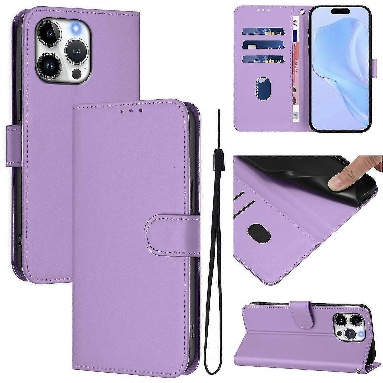 For iPhone 16 Pro Max Case Solid Color Wallet Leather Phone Cover with Strap - Lavender