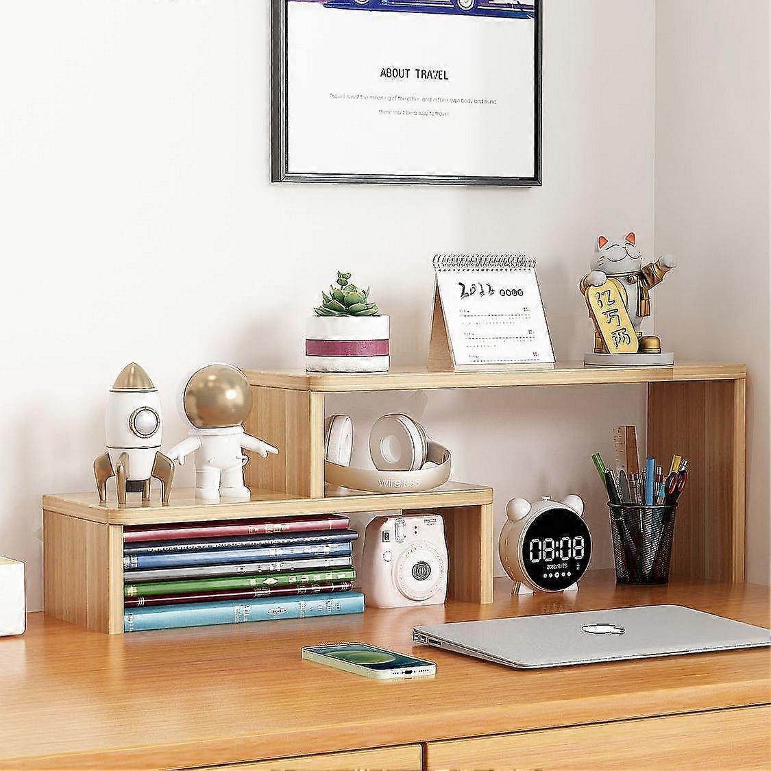 Desktop Solid Wood Corner Extendable Small Bookshelf Multi Layer Office Mini Bookcase Desk Cosmetics Organizer