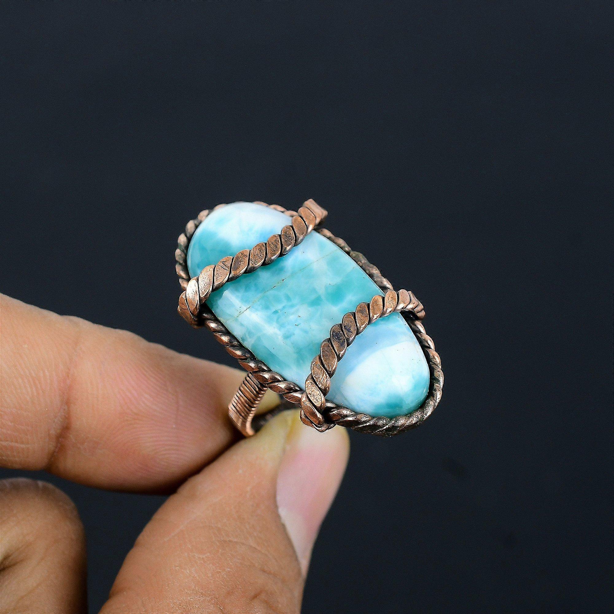 Larimar Gemstone Copper Wire Wrapped Handmade Jewelry Ring For Gift