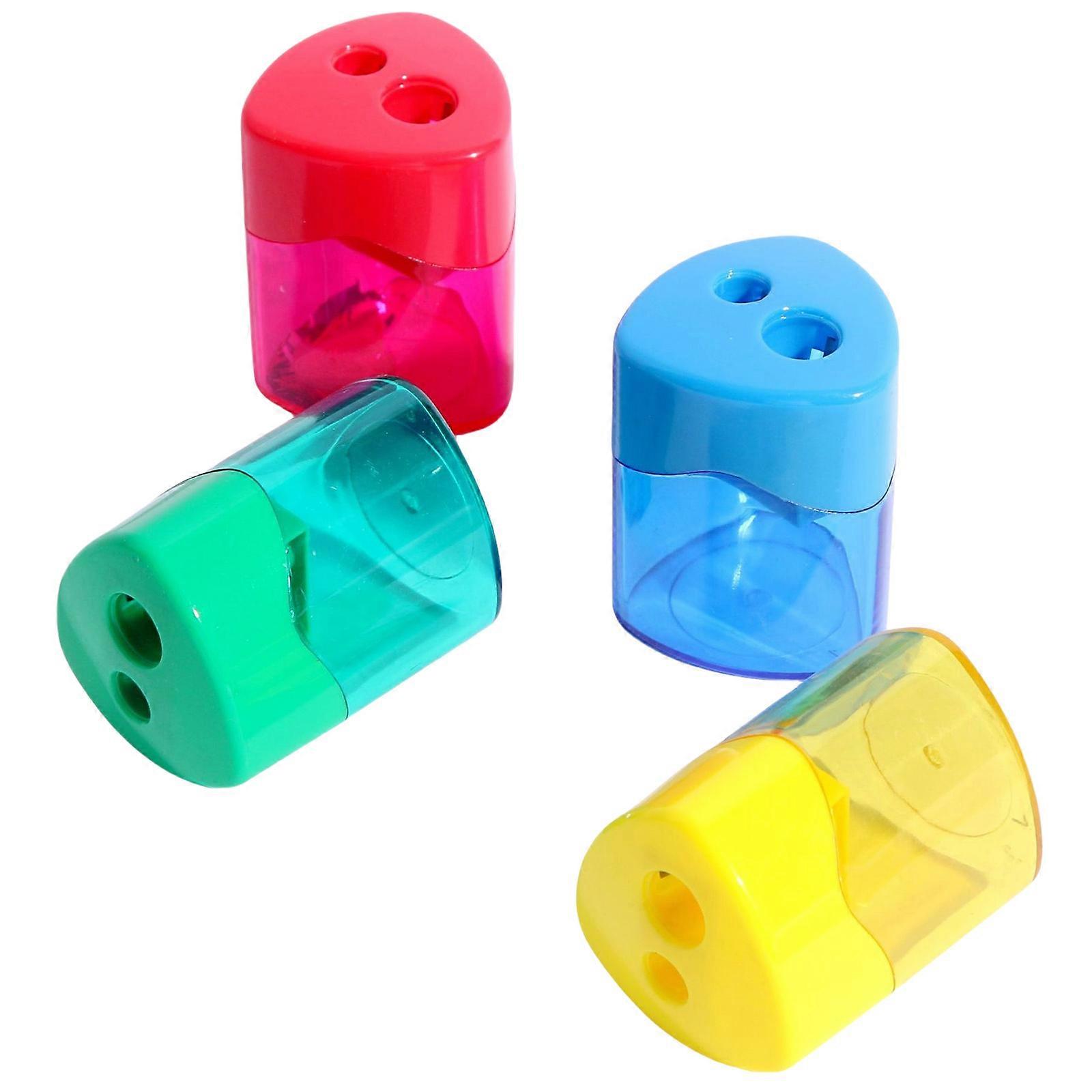 Convenient Double Hole Sharpener 4 Pack Ergonomic Grip Design Clear Shavings Container Kids Classroom Essential Multicolor