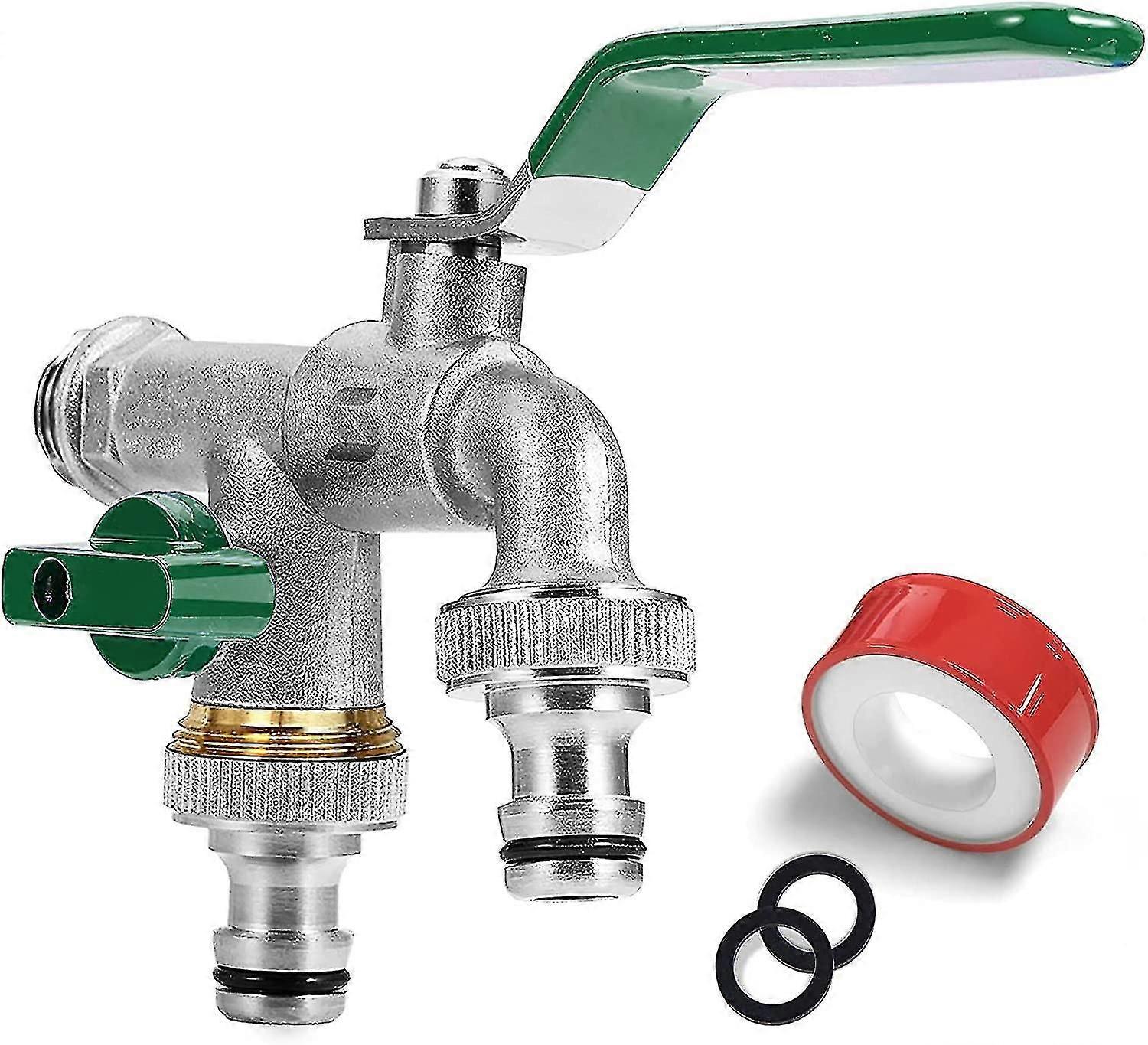 Robinet de jardin, robinet à double sortie 1/2 pouce, en laiton, résistant à la rouille et au gel, avec 2 prises de 3/4 pouces, 1x ruban d’étanchéité à rouleaux, double connexion An