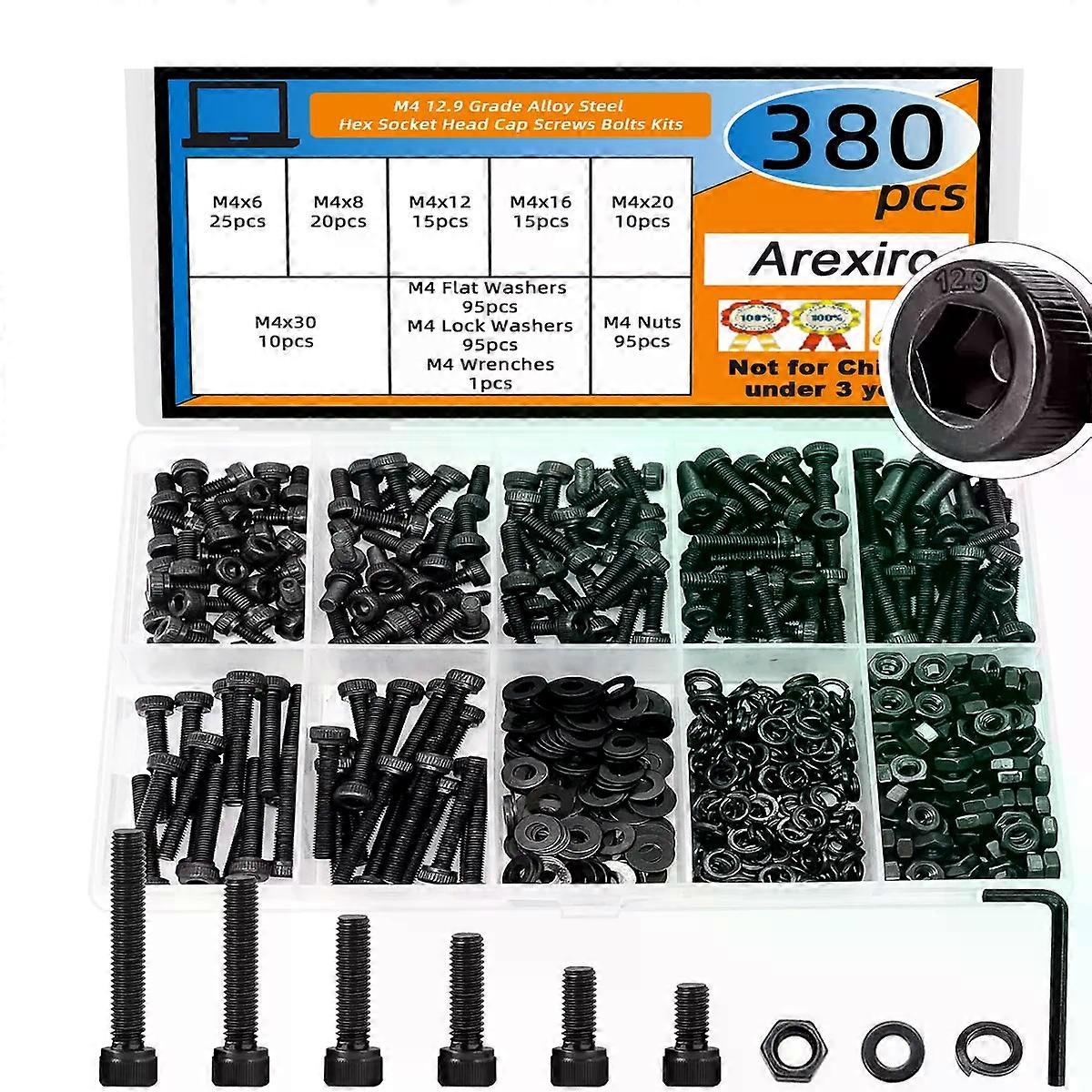 380PCS 12.9 Grade Alloy Steel M4x6/8/12/16/20/30mm Hexagon Socket Hexagon Screw Combination Nut/Washer/Hexagon Wrench