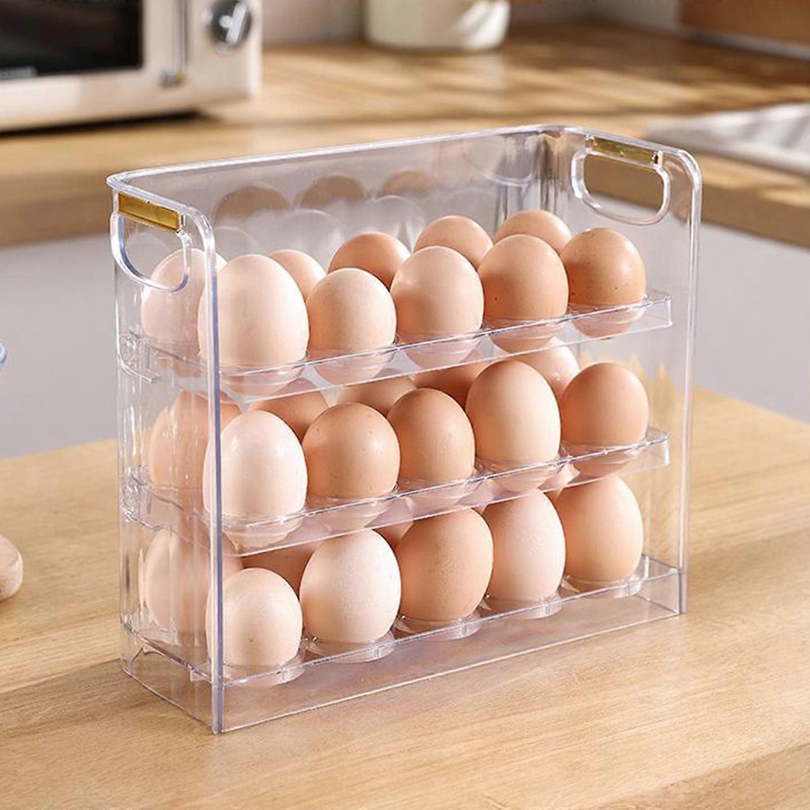 3.93*8.46*10.2 Inch 3 Layer Auto Flip Egg Holder for Refrigerator Side Door, 30 Count Clear Reusable Egg Storage Box, Egg Organizer