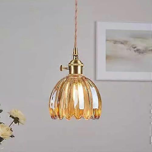 Brass and Glass Pendant Light with Adjustable Height, Handblown Tulip Shade for Dining Room