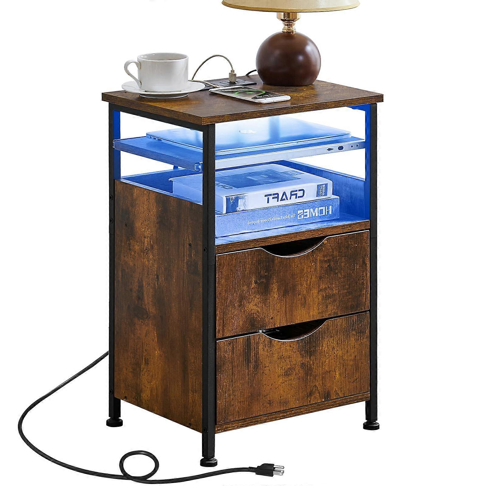 Nightstand with Charging Station and LED, 2 Drawers, USB Outlets, Compact Bedside Table for Bedroom
