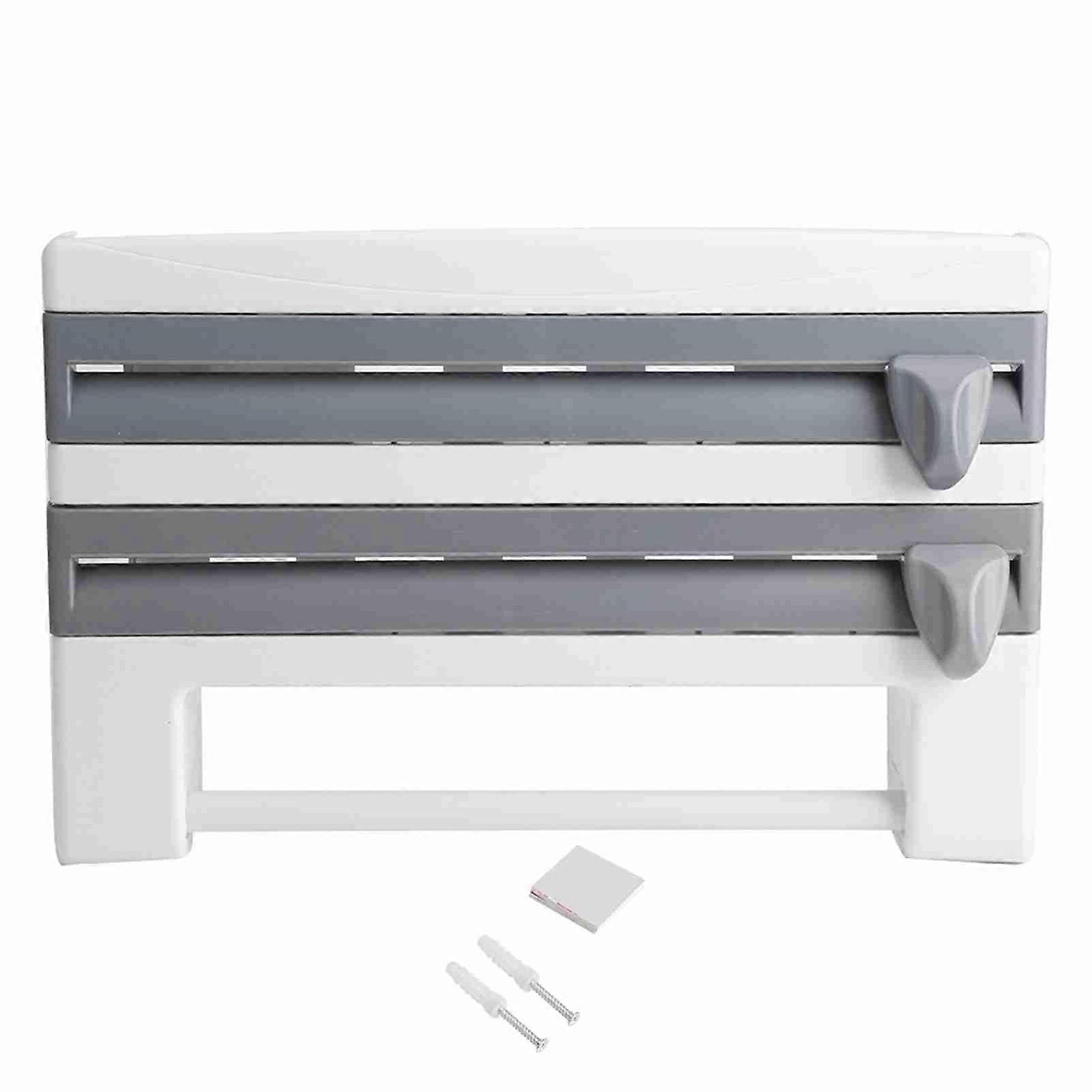Kitchen Wrap Dispenser with Precise Cutting Blades and Wall Mounted Storage Rack Grey White