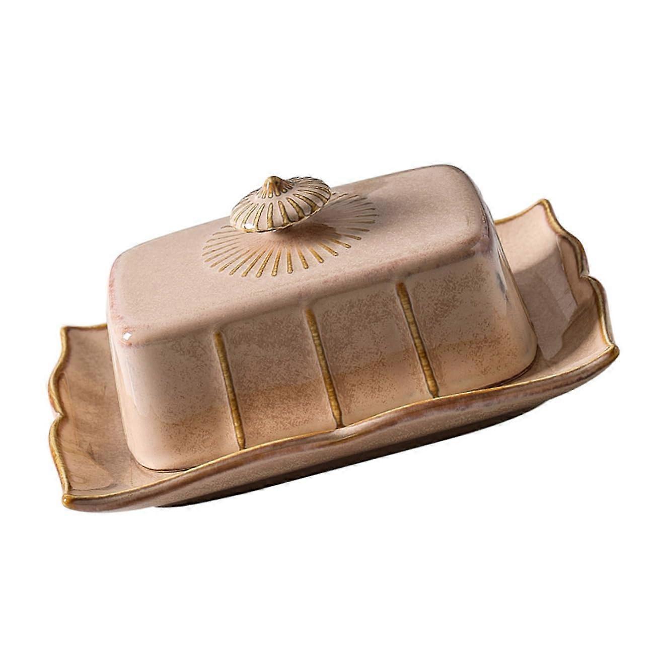 Ceramic Butter Dish with Lid Vintage Khaki Rectangular Design Keeps Butter Fresh Microwave Safe