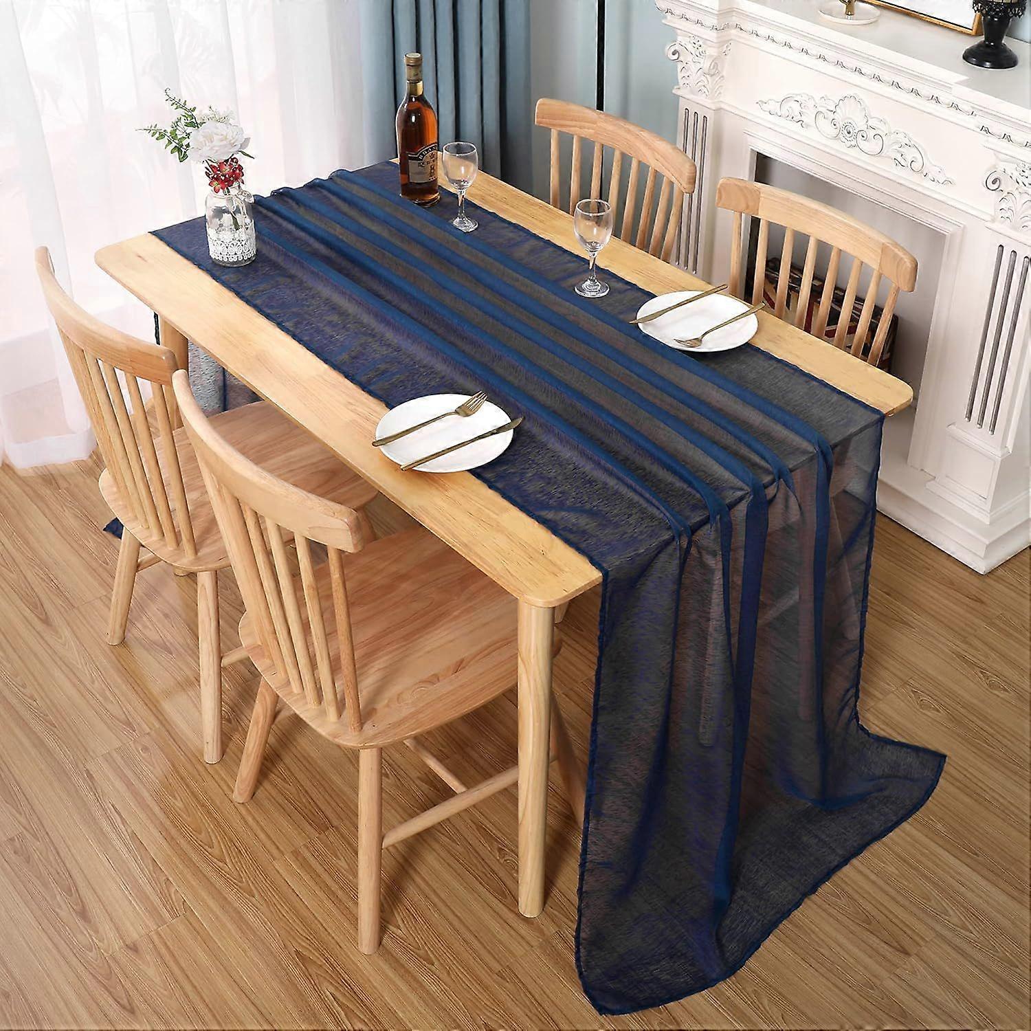 Navy Blue 10Ft Chiffon Table Runner 34x122 Inch Extra Long Sheer Table Runners