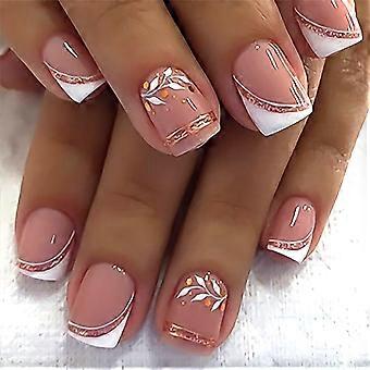 French Press On Nails Short Square, Nude Fake Nails with White French Tip and Minimalist Purple and Gold Line Design, Glossy Gel Acrylic Nails, Natura