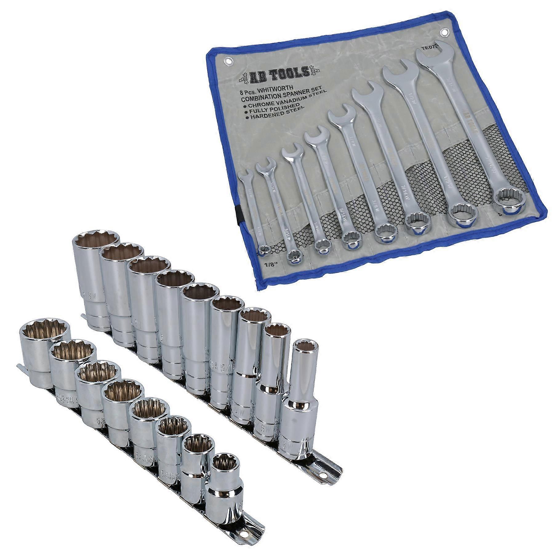 Shallow + Deep Whitworth Sockets 1/2" Drive + BSW Combination Spanners