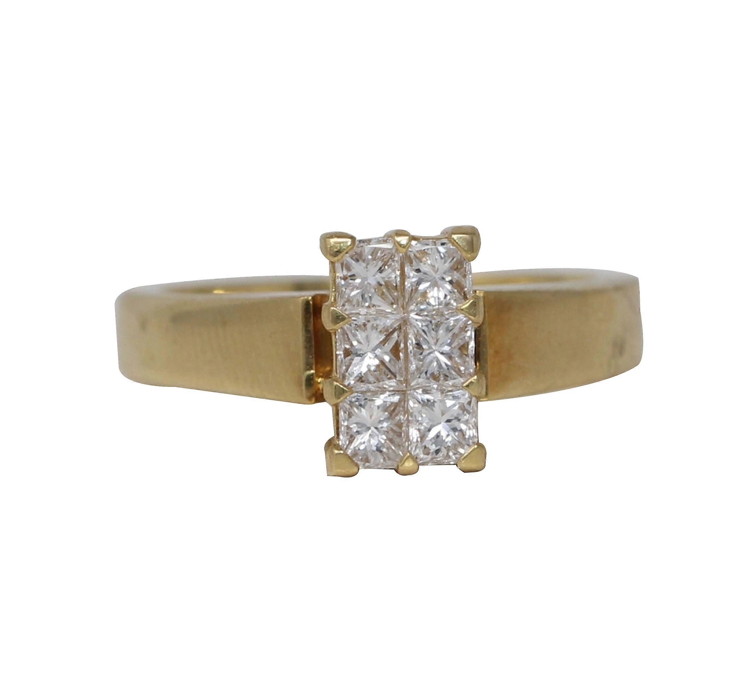 18k Yellow Gold Princess Diamond Invisible Setting Modern six-stone rectangular ring(0.92 ct, H, VS)