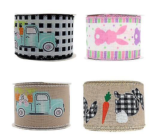 4 Rolls Easter Wired Edge Ribbon 6.5cm*5 Yard Easter Egg Bunny Rabbit Carrot Ribbon For Gift Decorative