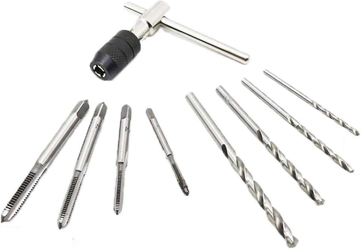 M3-M6 Adjustable T-Handle Tap Wrench + 4 pcs M3 M4 M5 M6 Machine Screw Metric Thread Plug Taps Set + 4 pcs Drill Bits Set