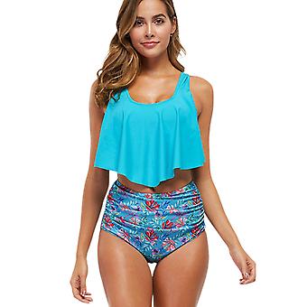 Veeki Swimsuits for Women Two Piece Bahting Suits Double Ruffled Swim Top High Waisted Bottoms Swimswear Bikini, Light Blue, XS