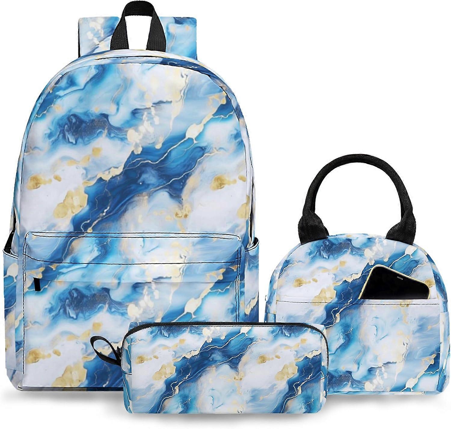 Mochila de 3 peças para meninos e meninas Conjuntos de mochila escolar de mármore para crianças com lancheira Estojo de lápis, mochila leve de 17 polegadas 3 em 1 conjunto para adolescentes elementares