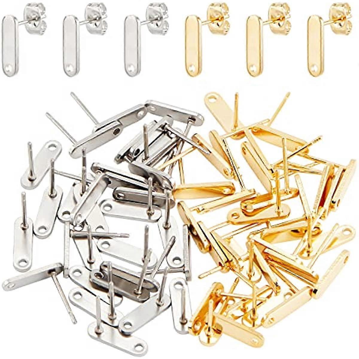 60Pcs 2 Colors Stud Earring Findings with Hole Rectangle Stud Earrings Earring Post with Loop Hole Stud Earring Base for Jewelry Making Hole: 1.4mm Pi