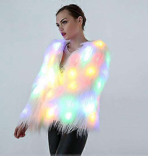 Led Γούνινο Παλτό Για Γυναίκες Ουράνιο Τόξο Sparkly Light Up Σακάκι Λευκό Γούνινο Rave Κοστούμι L