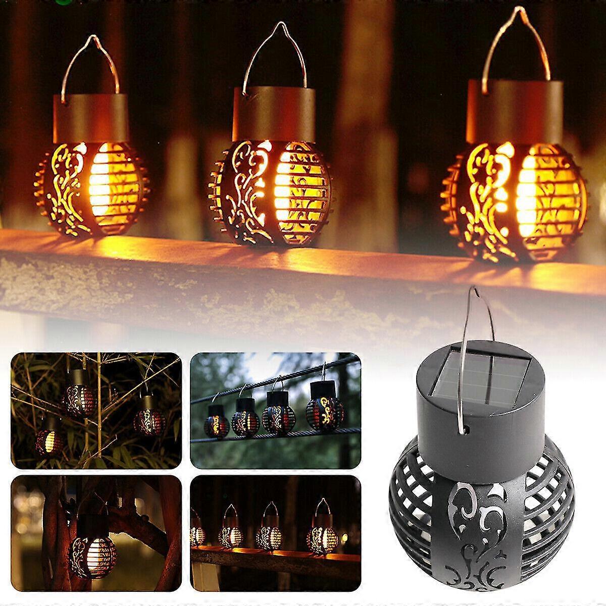 6 Led Solar Powered Flickering Flame Light Hanging Lantern Lamp Garden Decor