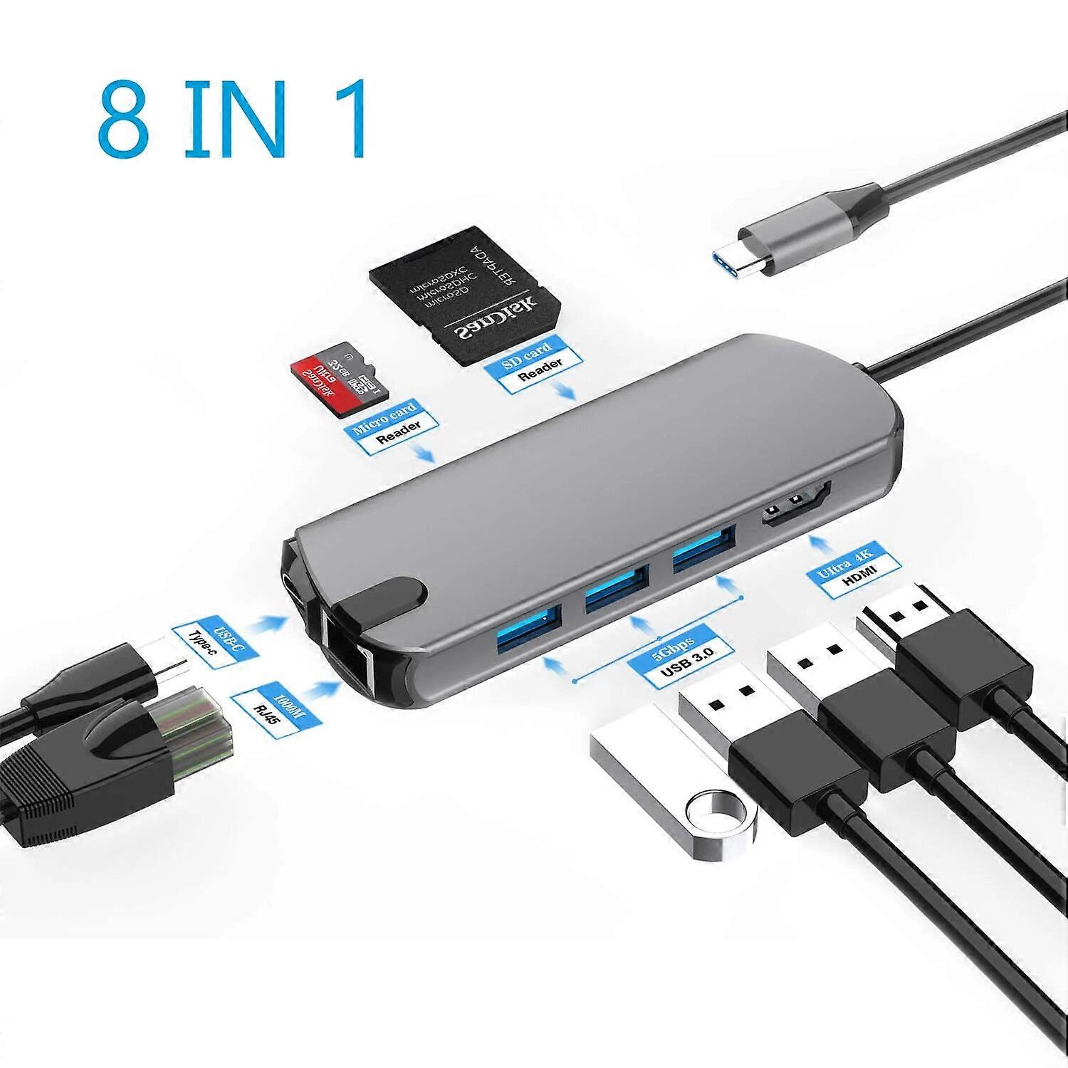 USB C Hub Type C 3.1 To HDMI 8 In 1 Adapter with RJ45 SD TF Card Reader PD Fast Charge Docking Station For MacBook Laptop PC