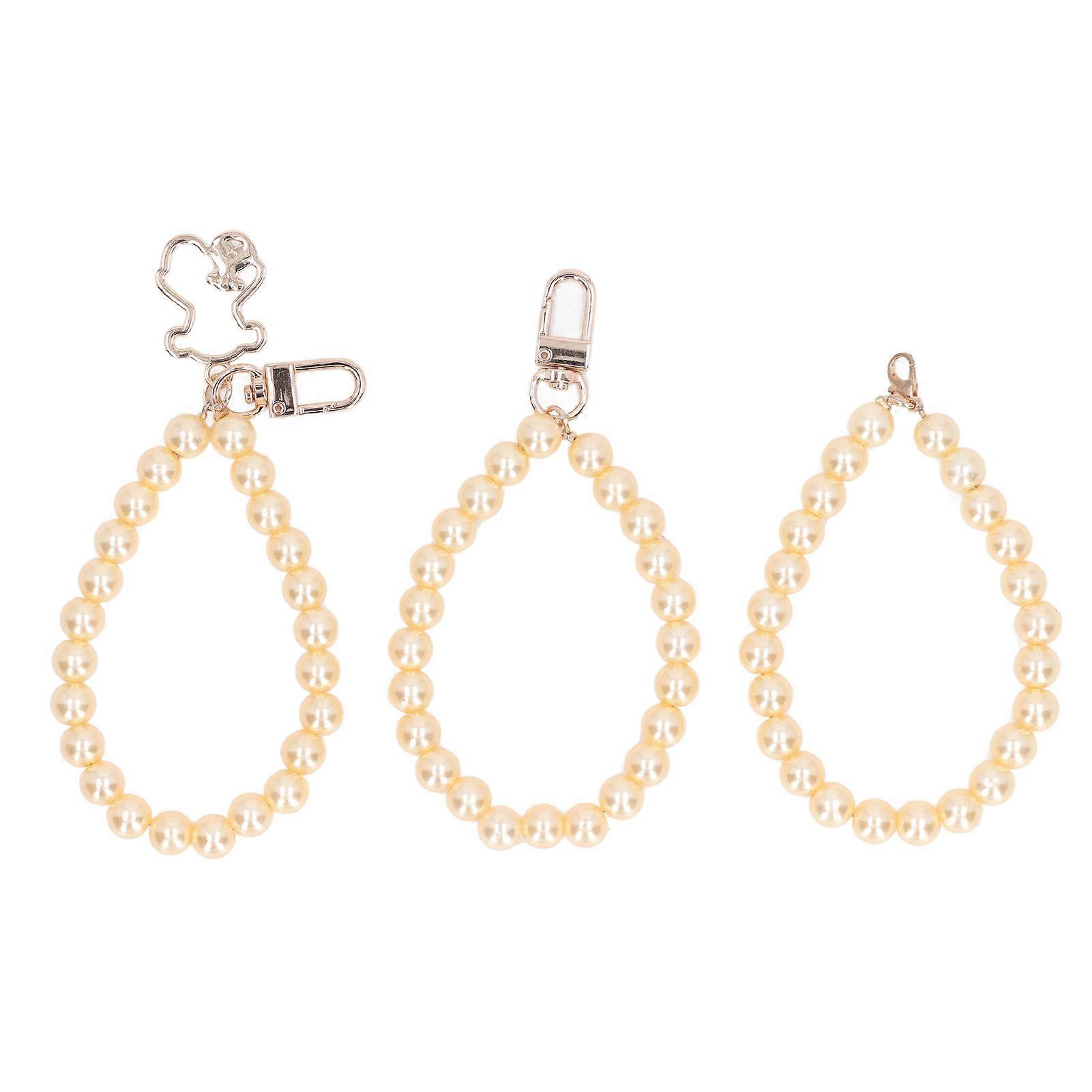 3Pcs Pearl Phone Chain Various Styles High Gloss Fine Polishing 10mm Pearl Hand Wrist Lanyard with Metal Buckle for Decor H11 Ivory Yellow