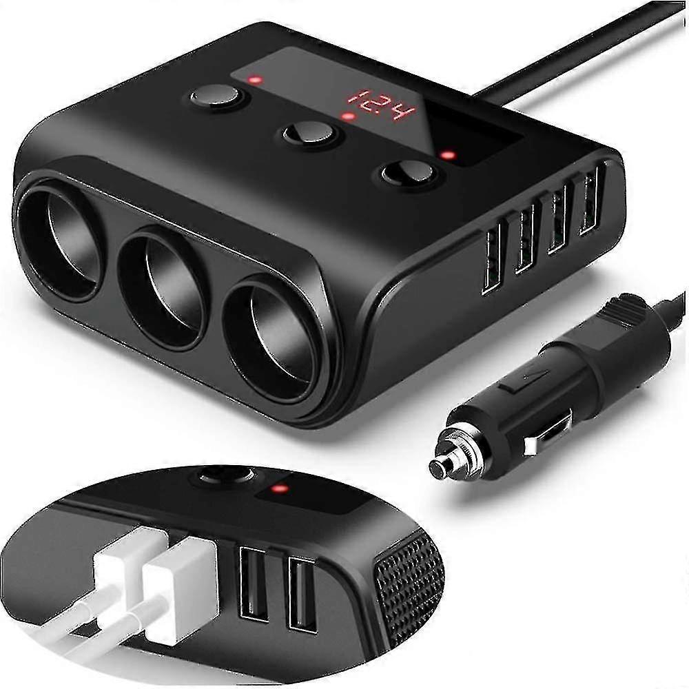 Cigarette Lighter Splitter, 100w 12v/24v 3 Sockets 4 Usb Car Charger Adapter Dc Outlet With Replaceable 7a Fuse And Voltmeter