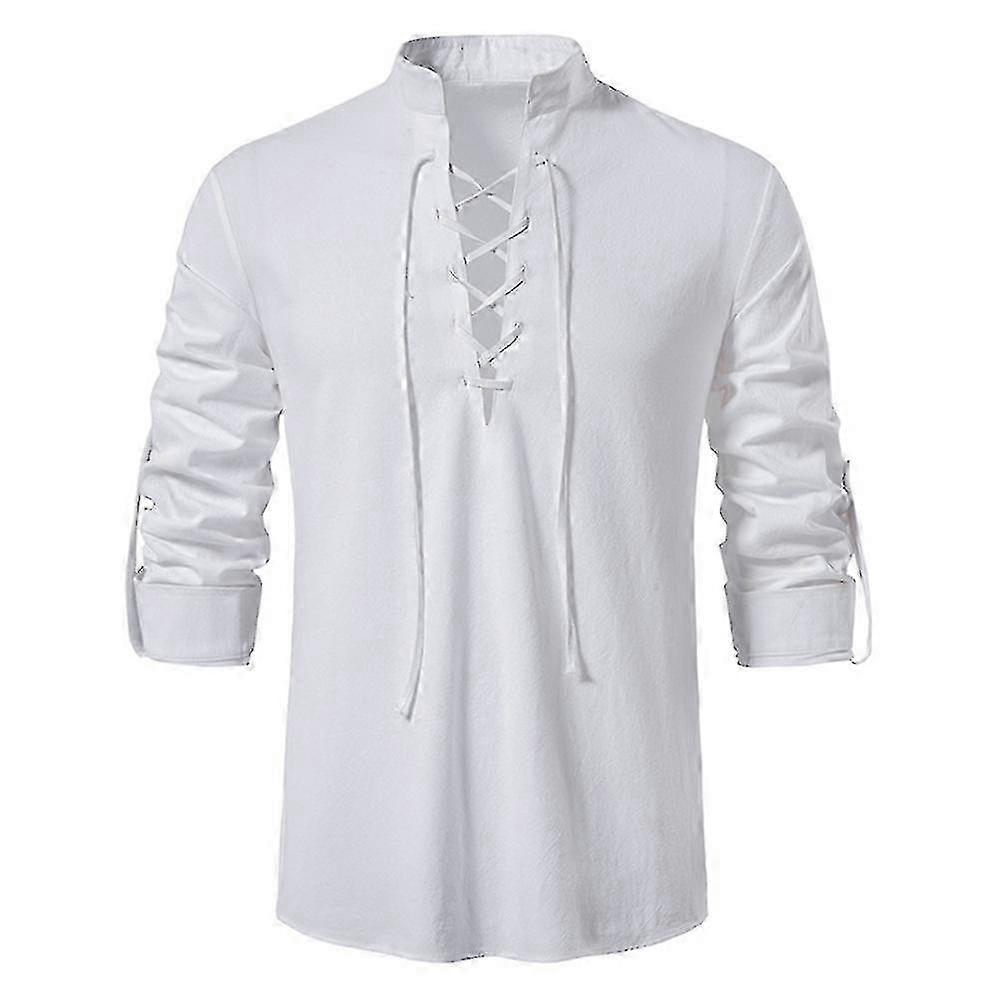 Camicia casual da uomo in cotone e lino con scollo a V e maniche lunghe