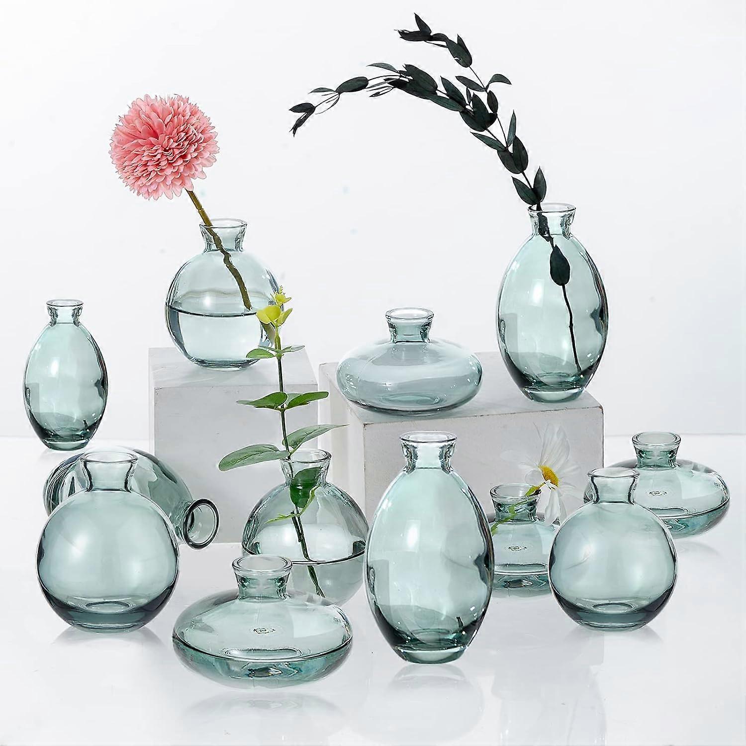 Glass Bud Vases, Set of 12 Green Vases for Flowers Small Flower Vases in Bulk for Wedding Centerpieces Floral Arrangements Living Room